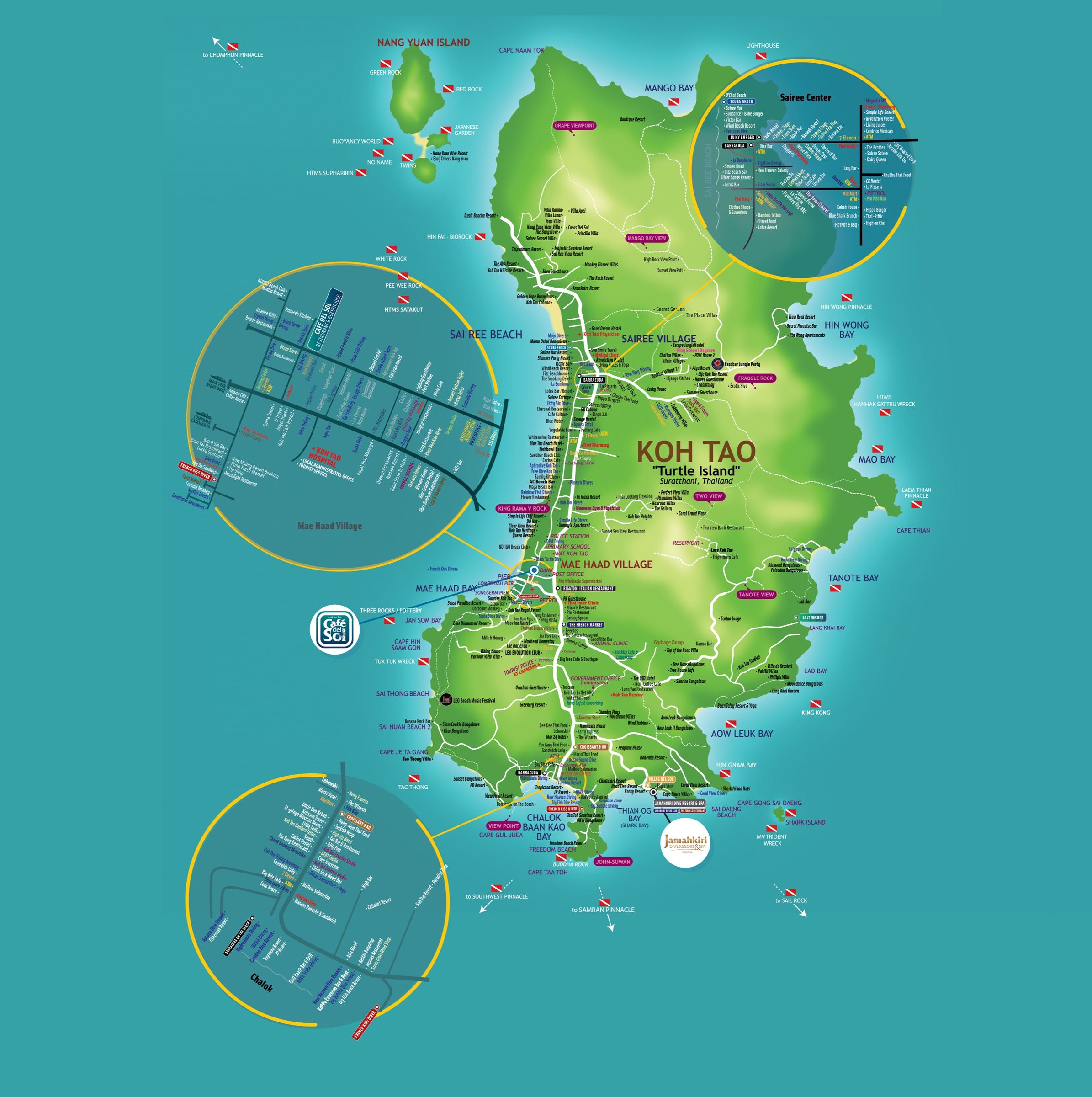 Detailed map of Koh Tao with every beach, dive site, restaurant, resort and viewpoint